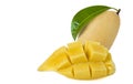 Ripe yellow Nam Dok Mai mango halved with green leaves. Royalty Free Stock Photo