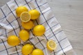 Ripe Yellow Organic Lemons on a white wooden background, overhead view. Flat lay, top view, from above. Copy space Royalty Free Stock Photo