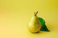 Ripe yellow pear with green leaf on yellow background, copy space. Generative AI Royalty Free Stock Photo