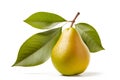 Ripe yellow pear with leaves on a white background. Fruits isolated on a white background. Generative AI Royalty Free Stock Photo