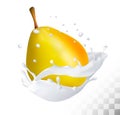 Ripe yellow pear in a milk splash