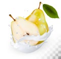 Ripe yellow pears in a milk splash on a transparent background.