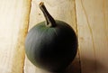 Ripe young green gem squash with a dry stem on a wooden surface. Royalty Free Stock Photo