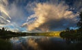 Riple rainbow observed above Jonsvatnet lake near Trondheim, sunset light after stormy day, summer in Norway