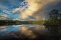 Riple rainbow observed above Jonsvatnet lake near Trondheim, sunset light after stormy day, summer in Norway