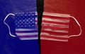 Ripped American flag facemask split into red and blue representing Republican and Democrat split on COVID issues