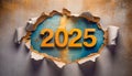 Ripped brown paper revealling the year 2025 written in orange numbers on a blue background