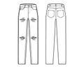 Ripped Jeans distressed Denim pants technical fashion illustration with full length, low waist, rise, 5 pockets, Rivets