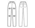 Ripped Jeans distressed Denim pants technical fashion illustration with full length, normal waist, high rise, 5 pockets