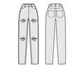 Ripped Jeans distressed Denim pants technical fashion illustration with full length, normal waist, high rise, 5 pockets