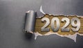 Ripped metallic paper revealling the year 2029 written in metallic numbers on wooden background