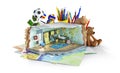 Ripped out from interior part of children room on kids pictures and in front of toys, balls and pencils, Royalty Free Stock Photo