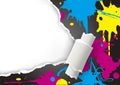 Ripped paper with CMYK colors ink splashes. Royalty Free Stock Photo