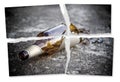 Ripped photo of a bottle of beer resting on the ground - Alcoholism and tobacco addiction concept