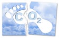 Ripped photo of a Carbon Footprint concept with CO2 text against footprint on cloudy sky background - CO2 Neutral and ecological Royalty Free Stock Photo