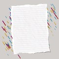 Ripped ruled note, notebook, copybook paper sheet stuck on lined colorful background.