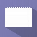 Ripped white lined notebook paper with margin is stuck on striped purple wall