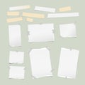 Ripped white note, notebook, copybook paper strips, sticky, adhesive tape, stuck light green background.