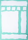 Ripped white paper strips on turquoise background, arranged as webpage elements