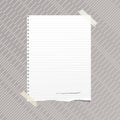 Ripped white ruled note, notebook, copybook paper sheet stuck on gray lined pattern