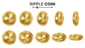 Ripple Coin 3D Gold Coins Vector Set. Realistic. Flip Different Angles. Digital Currency Money. Investment Concept