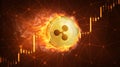 Ripple coin in fire with bull stock chart.