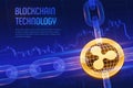 Ripple. Crypto currency. Block chain. 3D isometric Physical golden bitcoin with wireframe chain on blue financial background. Bloc Royalty Free Stock Photo