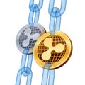 Ripple. Cryptocurrency. Blockchain. Golden and Silver Ripple coins with wireframe chain. 3D isometric Physical coins