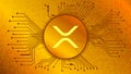 Ripple cryptocurrency token symbol, XRP coin icon in circle with pcb on gold background.