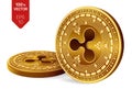 Ripple. 3D isometric Physical coins. Digital currency. Crypto currency. Golden coins with Ripple symbol isolated on white backgrou