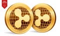 Ripple. 3D isometric Physical coins. Digital currency. Crypto currency. Golden coins with Ripple symbol isolated on white backgrou