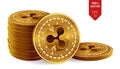 Ripple. 3D isometric Physical coins. Digital currency. Cryptocurrency. Stack of golden coins with Ripple symbol isolated
