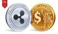 Ripple. Dollar coin. 3D isometric Physical coins. Digital currency. Cryptocurrency. Golden and silver coins with Ripple and Dollar