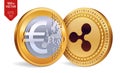 Ripple. Euro. 3D isometric Physical coins. Digital currency. Cryptocurrency. Golden coins with Ripple and Euro symbol isolated on