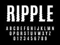 Ripple font. Wavelike curve english alphabet, vertical smooth recurring distortions white letters and numbers, lower Royalty Free Stock Photo