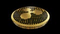 Ripple symbol, close up view of gold cryptocurrency coin with binary code on black background, bottom view, 3D rendering