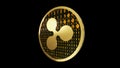 Ripple symbol, close up view of gold cryptocurrency coin with binary code on black background, side view, 3D rendering