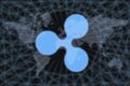 Ripple XRP Abstract Cryptocurrency. With a dark background and a world map. Graphic concept for your design