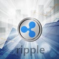 ripple xrp coin cryptocurrency in bright rays with statistic