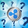 Ripple xrp coin cryptocurrency with question marks on the bright