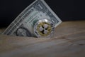 Ripple XRP crypto coin placed on log and dollar bill in the dark background