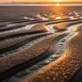 Rippled sand patterns on a beach lit by the warm glow of a setting sun Royalty Free Stock Photo