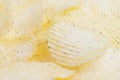 Rippled yellow potato chips macro with blur, background. Royalty Free Stock Photo