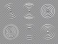 Ripples top view. Realistic water concentric circles and liquid circular waves. Round sound wave splash effects. 3d drop rings Royalty Free Stock Photo