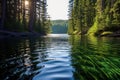 ripples in a tranquil forest lake surrounded by evergreens