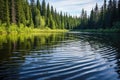 ripples in a tranquil forest lake surrounded by evergreens