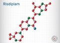Risdiplam, RG7916, C22H23N7O molecule. It is an experimental drug for treatment spinal muscular atrophy, SMA. Molecule model.