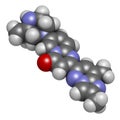 Risdiplam Spinal muscular Atrophy drug molecule. 3D rendering. Atoms are represented as spheres with conventional color coding: