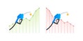 Rise and decline in price of oil market prices. Oil barrels. World inflation. Vector stock illustration.