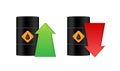 Rise and decline in price of oil market prices. Oil barrels. World inflation. Vector stock illustration.